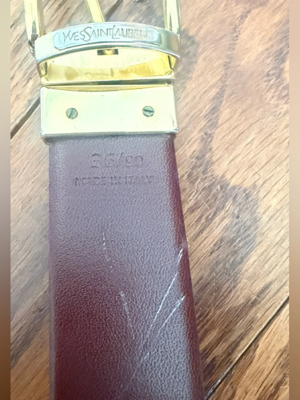 Vintage Yves Saint Laurent Gold Buckle Burgundy /Black Leather Belt Sz 36